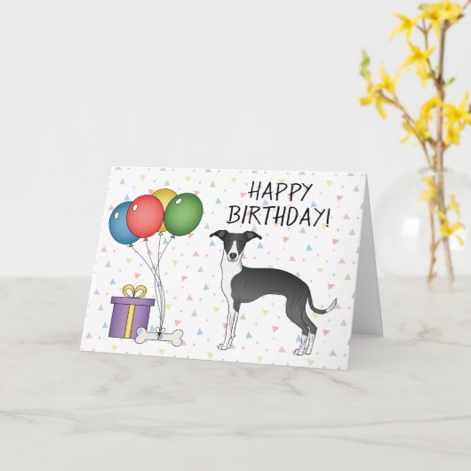 Zwarte en witte Italiaanse grijnshond - Happy Birt Kaart (Gele Bloem)