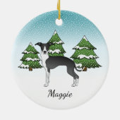 Zwarte en witte Italiaanse windhond in het winterb Keramisch Ornament (Achterkant)