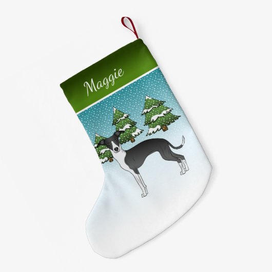 Zwarte en witte Italiaanse windhond in het winterb Kleine Kerstsok (Achterkant (Hangend))