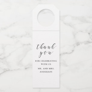 Zwarte en witte kalligrafie bruiloft bedankt flessenhanger