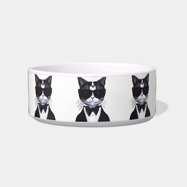 Zwarte en witte kat in een Stropdas van Tuxedo en  Voerbakje (Voorkant)