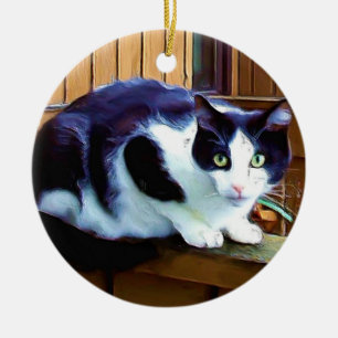 Zwarte en witte kat keramisch ornament