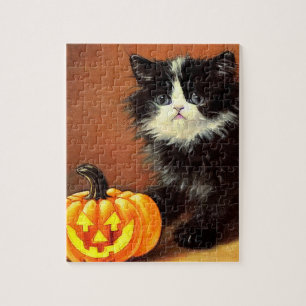 Zwarte en witte kat met Halloween-thema Legpuzzel