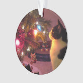 Zwarte en witte kat met kerstboomversiering ornament (voorkant)