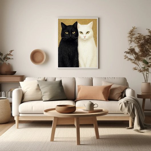 Zwarte en witte katten op gouden achtergrond schil poster