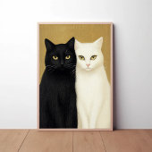 Zwarte en witte katten op gouden achtergrond schil poster