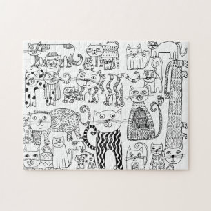 Zwarte en Witte Katten Plezierige Handgetekende Ku Legpuzzel