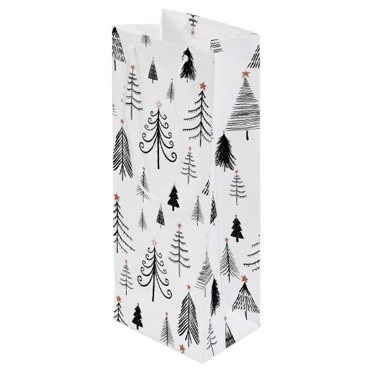 Zwarte en witte kerstbomen wijn cadeautas (Achterkant Gekanteld)