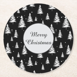 Zwarte en witte kerstboom ronde kartonnen onderzetter