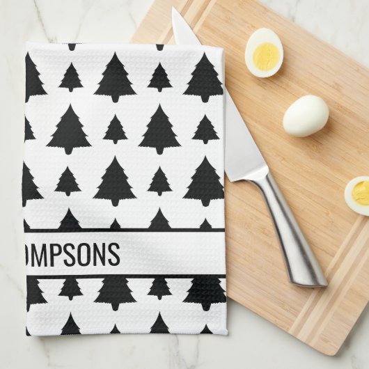 Zwarte en witte kerstboomstructuur en tekst theedoek (Quarter Fold)