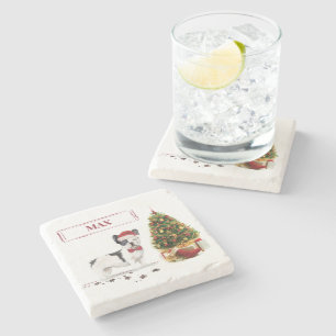 Zwarte en witte kersthond stenen onderzetter