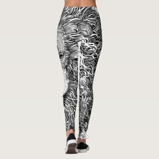 Zwarte en witte leeuwenlijnkunst leggings (Achterkant)
