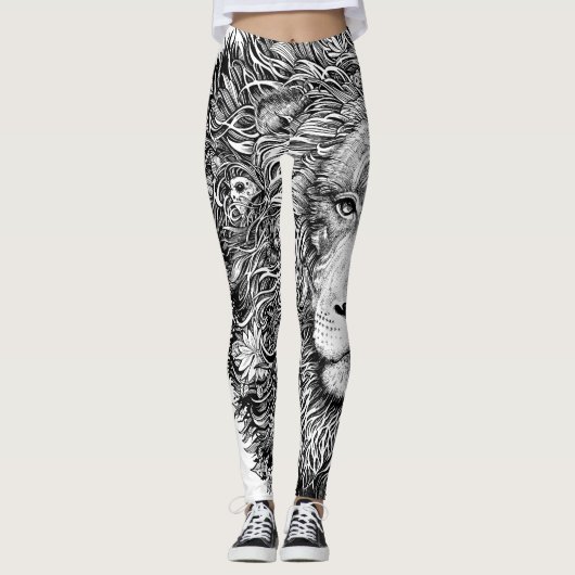 Zwarte en witte leeuwenlijnkunst leggings (Voorkant)