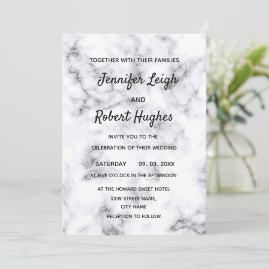 Zwarte en witte marmer bruiloft kaart (Staand voorkant)