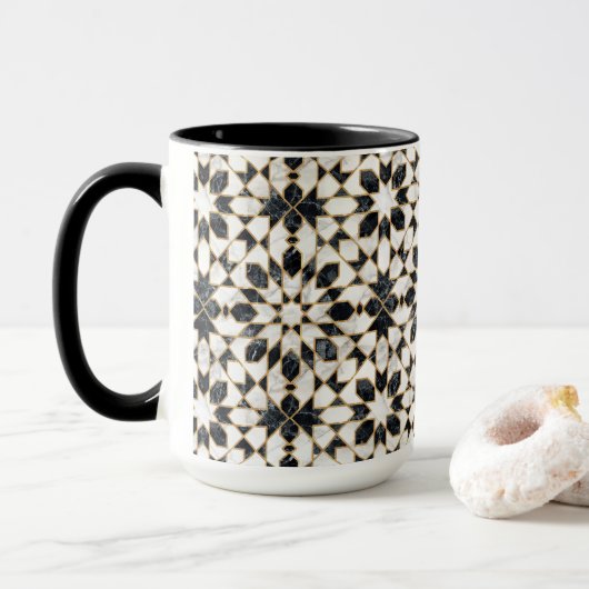 Zwarte en witte marmer Marokkaanse mozaïek Mok (Met donut)