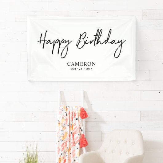 Zwarte en witte, minimale aangepaste, Happy Birthd Spandoek (Insitu)
