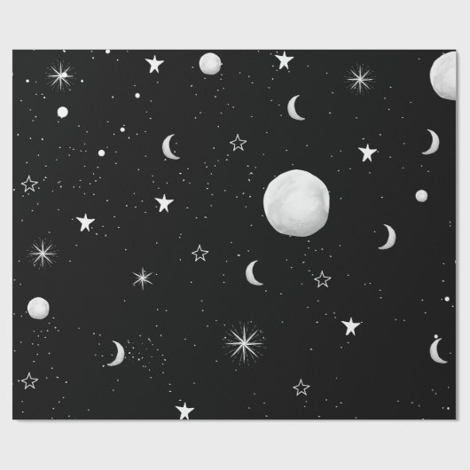 Zwarte en witte moons en sterren cadeaupapier (Vlak)