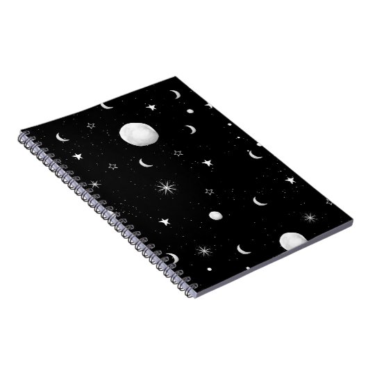 Zwarte en witte moons en sterren notitieboek (Rechterzijde)