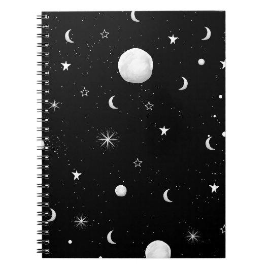 Zwarte en witte moons en sterren notitieboek (Voorkant)