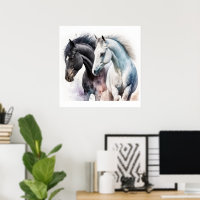Zwarte en witte paarden in Waterverf