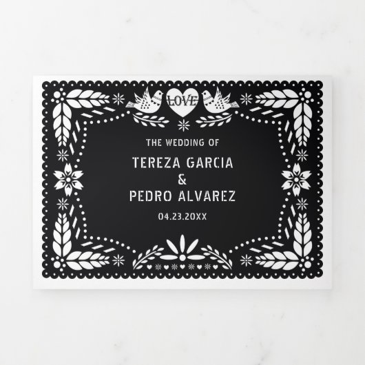 Zwarte en witte papel picado liefhebbers bruiloft drieluik uitnodiging (Cover)