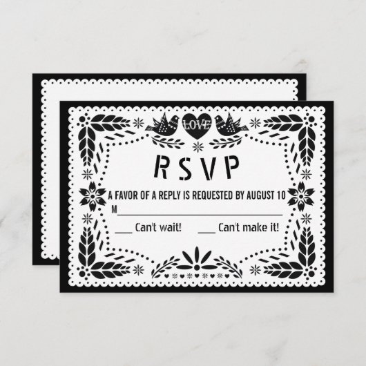 Zwarte en witte papel picado liefhebbers bruiloft RSVP kaartje (Voorkant / Achterkant)