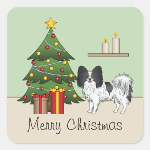 Zwarte en witte papillon hond bij een kerstboom vierkante sticker