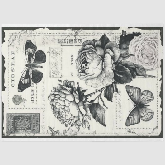 zwarte en witte pioenrozen en vlinder tissuepapier (Voorkant)