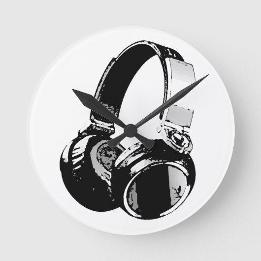 Zwarte en witte Pop Art Headphone Ronde Klok (Voorkant)
