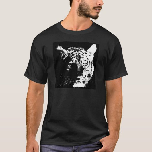 Zwarte en witte Pop Art Tiger T-shirt (Voorkant)