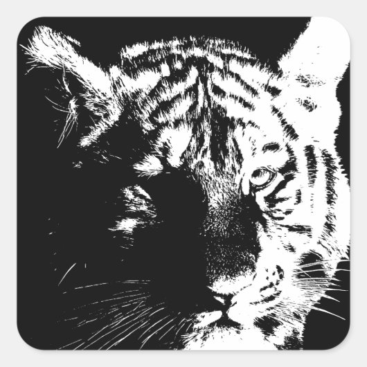 Zwarte en witte Pop Art Tiger Vierkante Sticker (Voorkant)