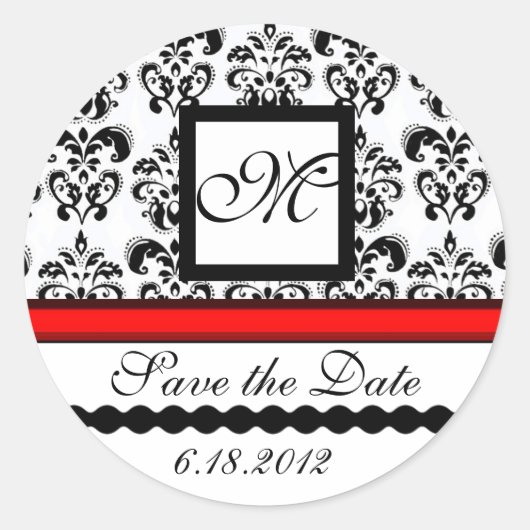 ZWARTE EN WITTE RODE DAMASKMONOGRAM, sparen de Dat Ronde Sticker (Voorkant)