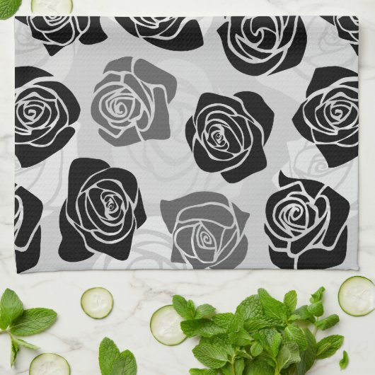 zwarte en witte rozen theedoek (Gevouwen)