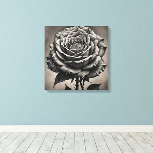 Zwarte en witte rozenbloem canvas afdruk (Insitu (Houten vloer))