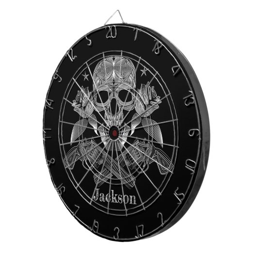 Zwarte en witte schedel en Pistolen Dartbord (Voorkant Rechts)