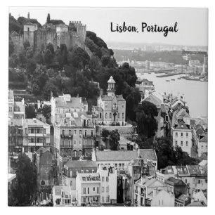 Zwarte en witte skyline van Lissabon Portugal Tegeltje