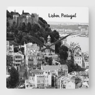 Zwarte en witte skyline van Lissabon Portugal  Vierkante Klok
