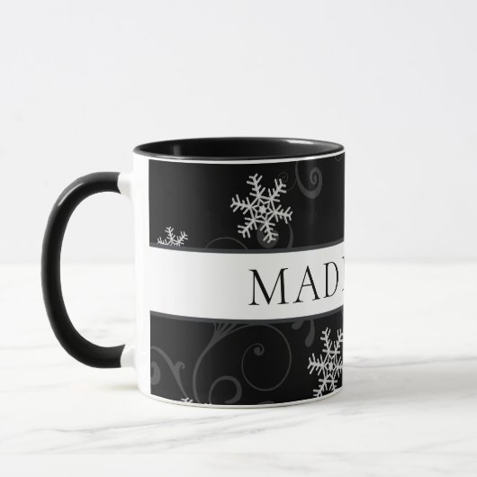 Zwarte en witte sneeuwvlok met naam of monogram mok (Links)