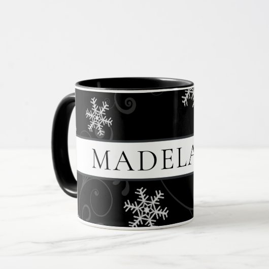 Zwarte en witte sneeuwvlok met naam of monogram mok (Voorkant links)