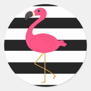 Zwarte en witte strepe roze flamingo ronde sticker