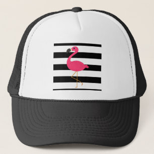 Zwarte en witte strepe roze flamingo trucker pet