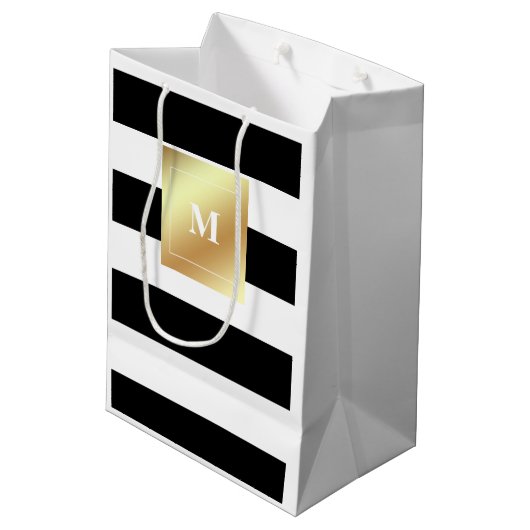 Zwarte en witte strepen met Faux Gold Monogram Medium Cadeauzakje (Achterkant Gekanteld)