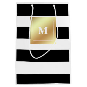 Zwarte en witte strepen met Faux Gold Monogram Medium Cadeauzakje