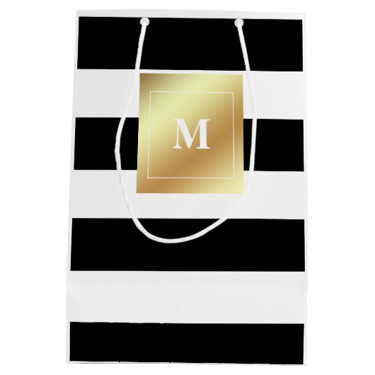 Zwarte en witte strepen met Faux Gold Monogram Medium Cadeauzakje (Achterkant)