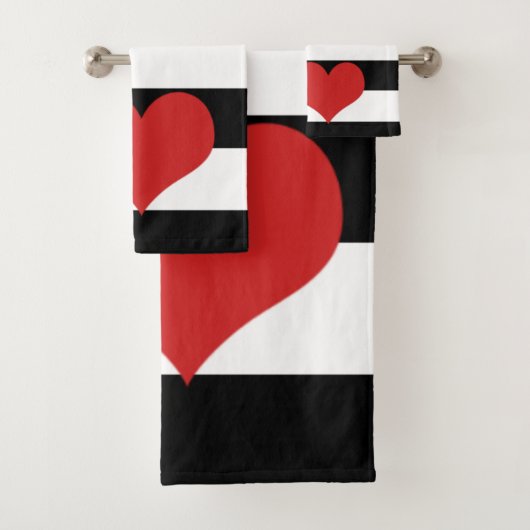 Zwarte en witte strepen met rood hart bad handdoek (Insitu)