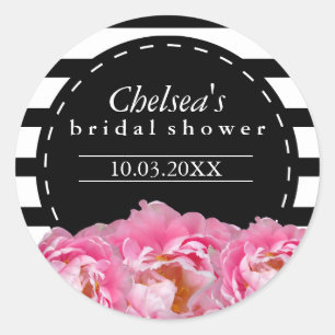 Zwarte en witte strepen met roze bloemen ronde sticker