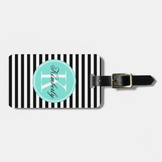 Zwarte en witte strepen met Turquoise-monogram Bagagelabel (Voorkant horizontaal)