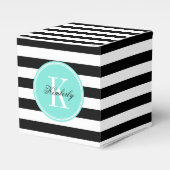Zwarte en witte strepen met Turquoise-monogram Bedankdoosjes (Voorkant Zijde)