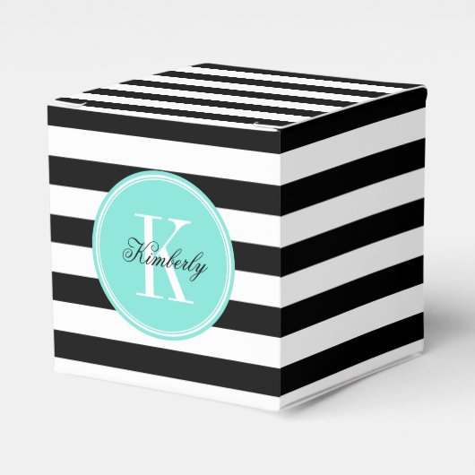 Zwarte en witte strepen met Turquoise-monogram Bedankdoosjes (Voorkant Zijde)