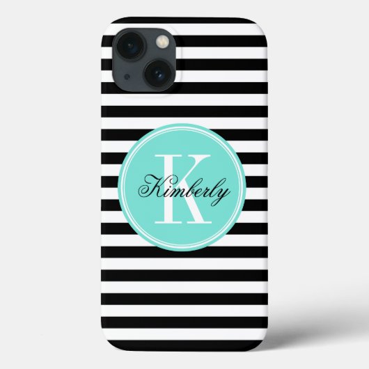 Zwarte en witte strepen met Turquoise-monogram Case-Mate iPhone Case (Achterkant)